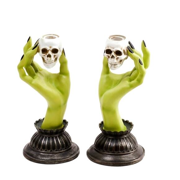 Martha Stewart Taper Candle Holders Halloween Decor Witch Hands And Skulls New - Picture 1 of 6